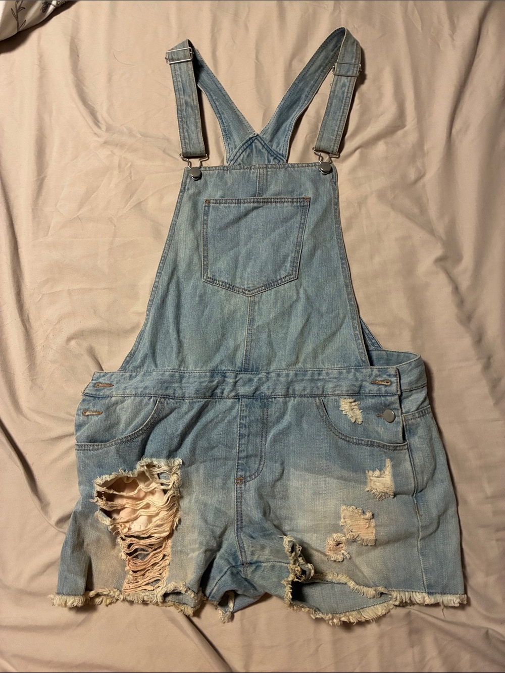 Fire Los Angeles Light Blue Distressed Denim Short Overalls